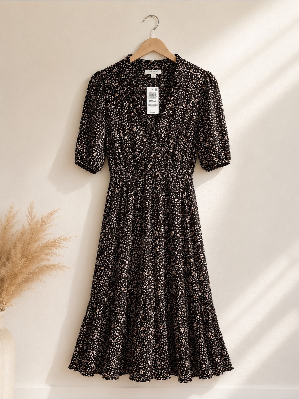 Black Floral Midi Dress with Puff Sleeves
